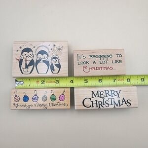 Lot of 4 Christmas Holiday Penguin Ornament Wooden‎ Rubber Stamps Card Envelope